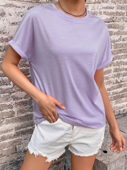 Perfee Round Neck Cuffed Sleeve T-Shirt