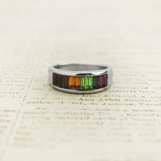 Vintage Ring Multi Colored Rainbow Style Austrian Crystals 18k White Gold Electroplated Made in USA by PVD Vintage Jewelry