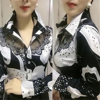 Lace Chiffon Summer Blouse with Printed Button Panel