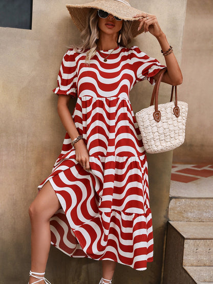 Wavy Striped Round Neck Short Sleeve Dress