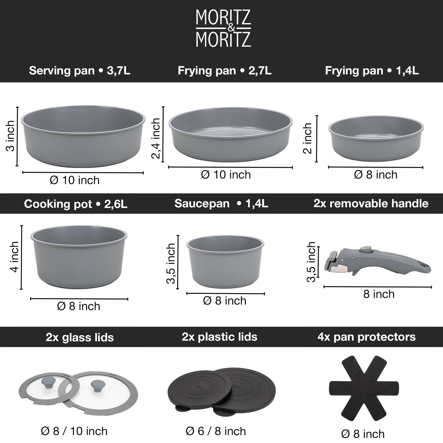 15-Piece Cast Aluminum Pot and Pan Set with Removable Handles by Moritz & Moritz