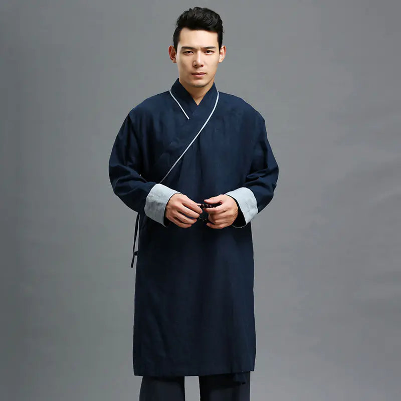 Traditional Chinese Cotton Linen Men's Long Robe Jacket