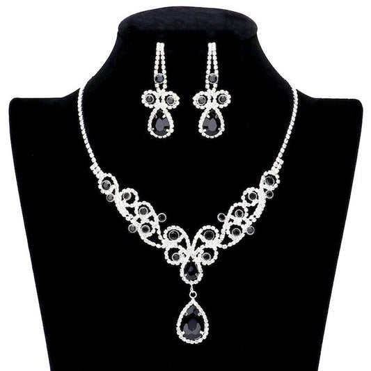 Teardrop Crystal Accented Rhinestone Vine Detailed Elegant Drop Collar Evening Necklace Clip On Earrings Set by Madeline Love