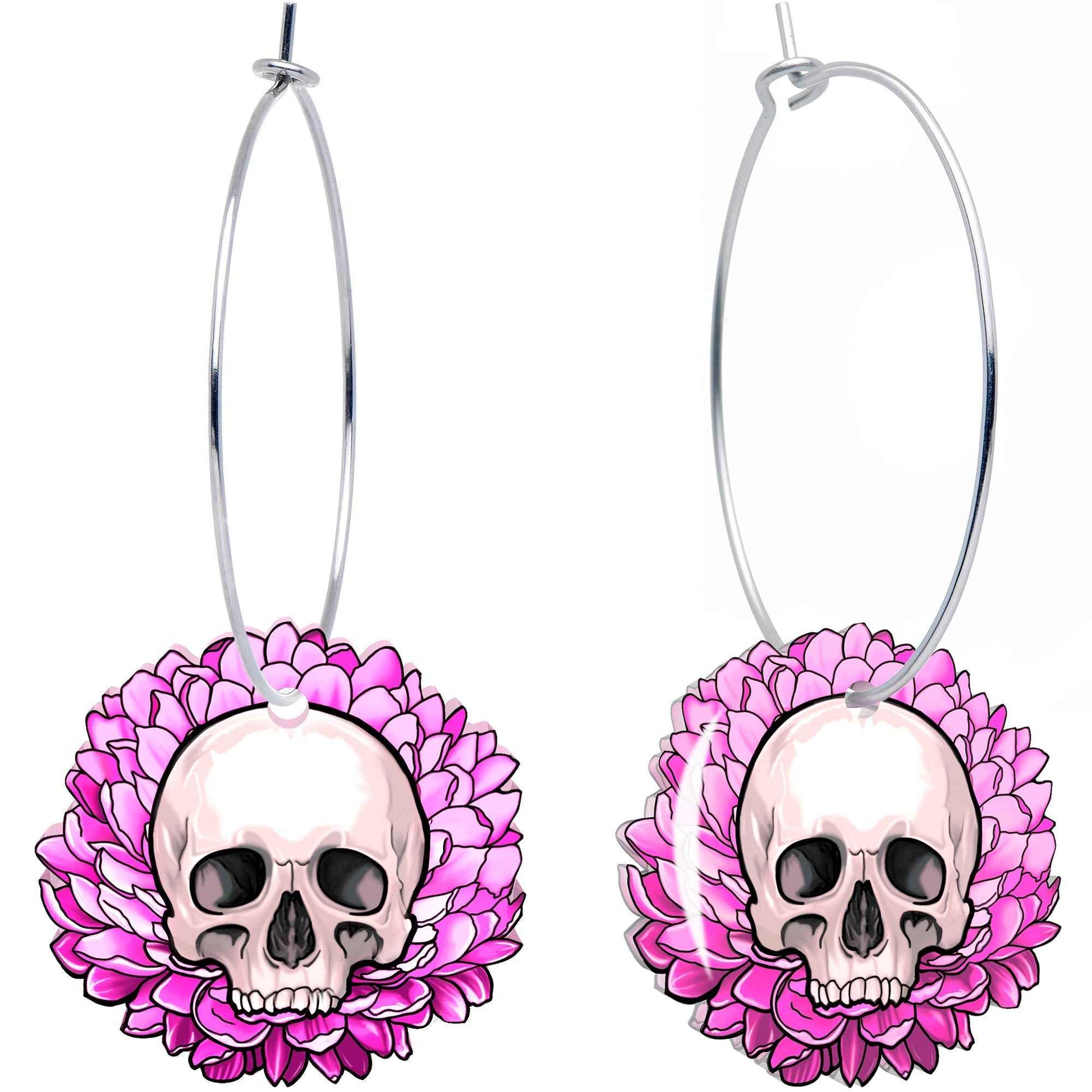 Blooming Pink Flower Skull Hoop Earrings by Onyx O