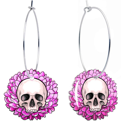 Blooming Pink Flower Skull Hoop Earrings by Onyx O