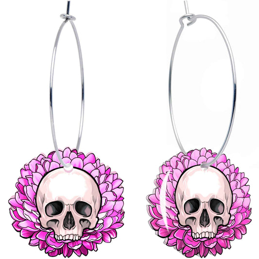 Blooming Pink Flower Skull Hoop Earrings by Onyx O