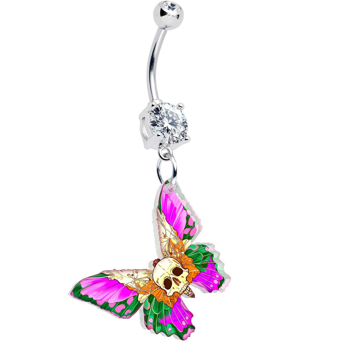 Clear Gem Butterfly Skull Dangle Belly Ring by Onyx O
