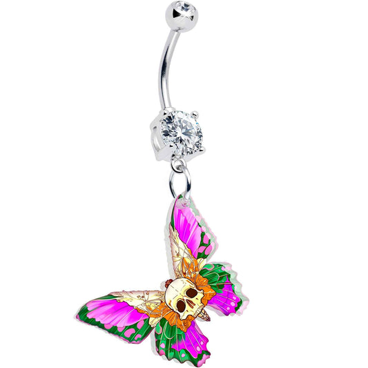 Clear Gem Butterfly Skull Dangle Belly Ring by Onyx O