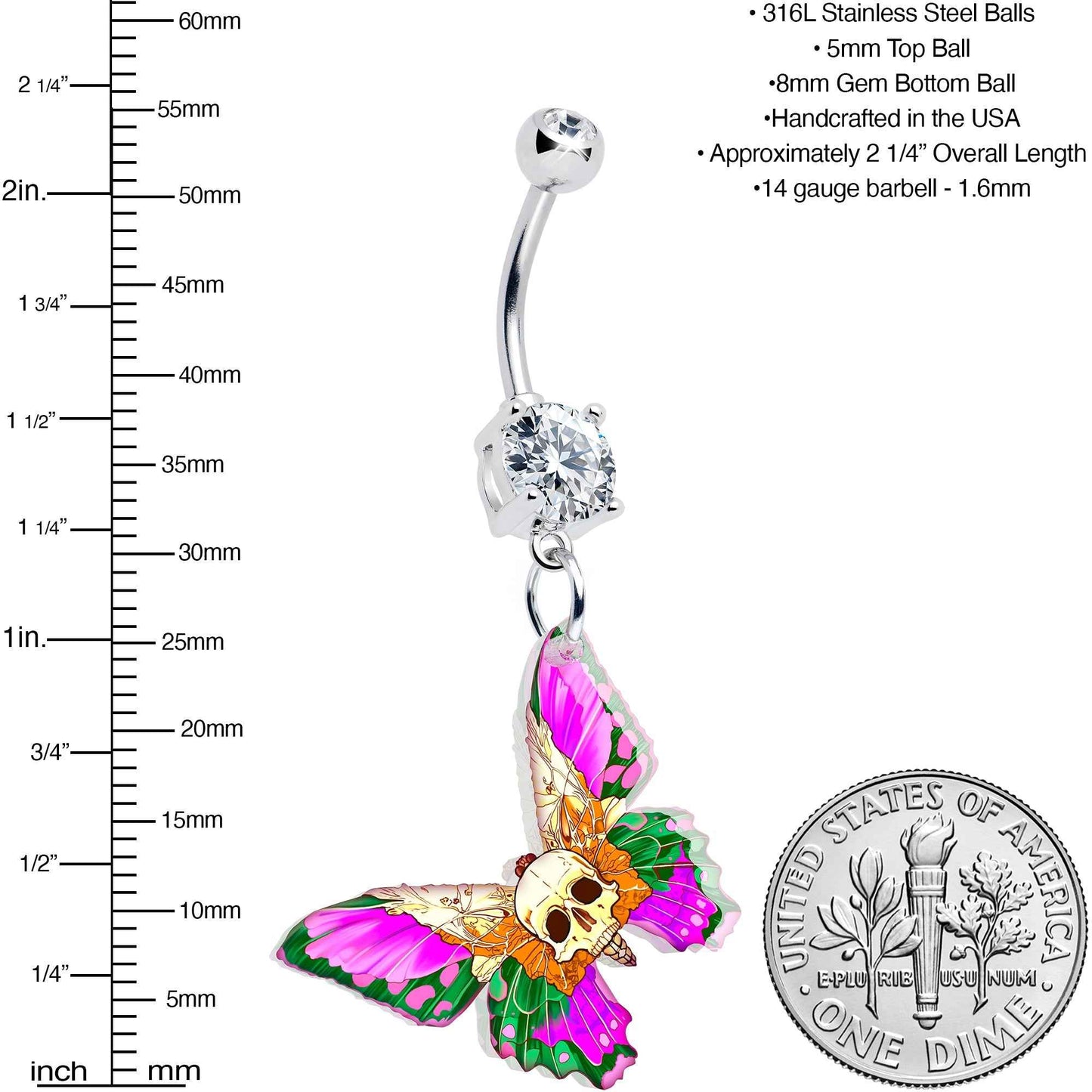 Clear Gem Butterfly Skull Dangle Belly Ring by Onyx O