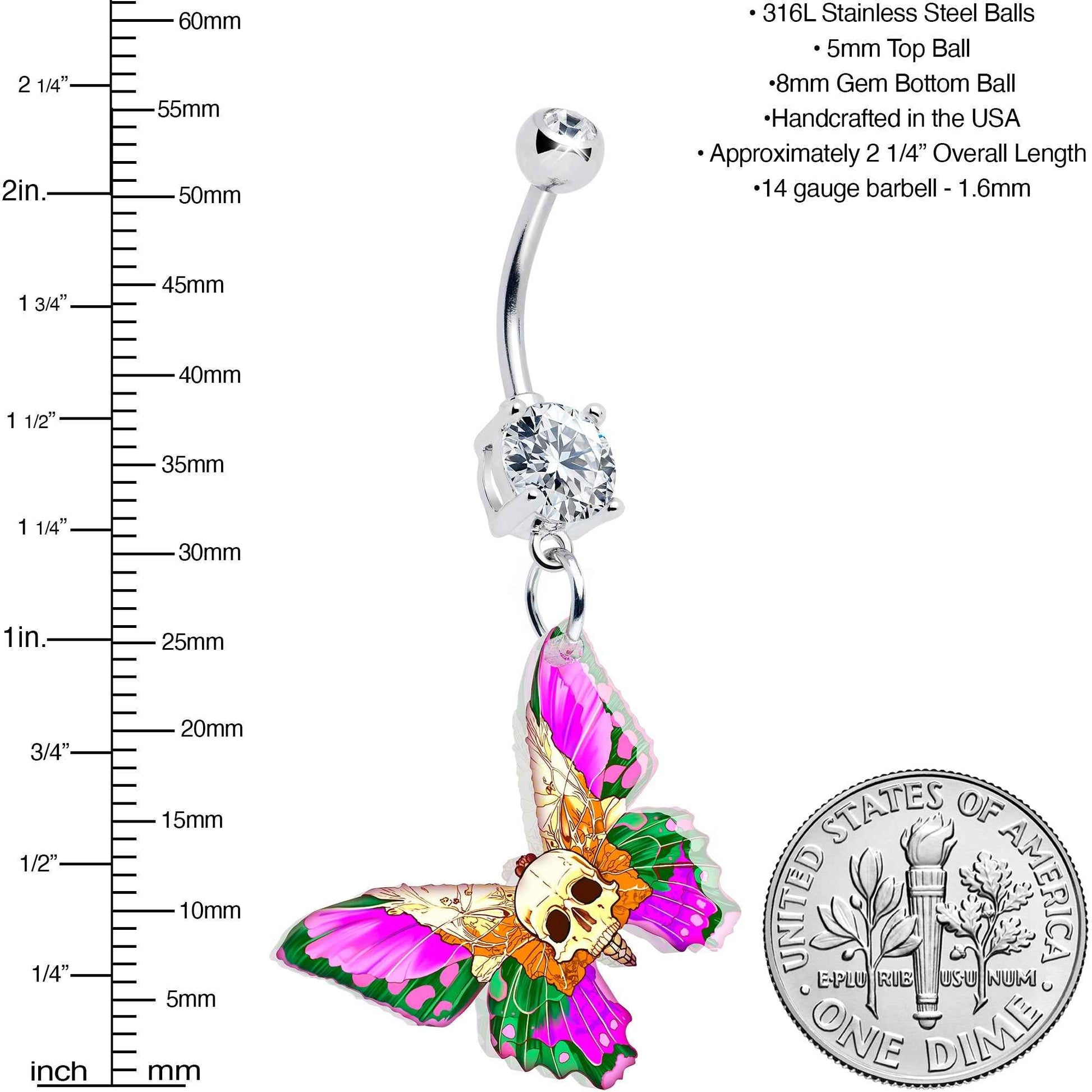 Clear Gem Butterfly Skull Dangle Belly Ring by Onyx O