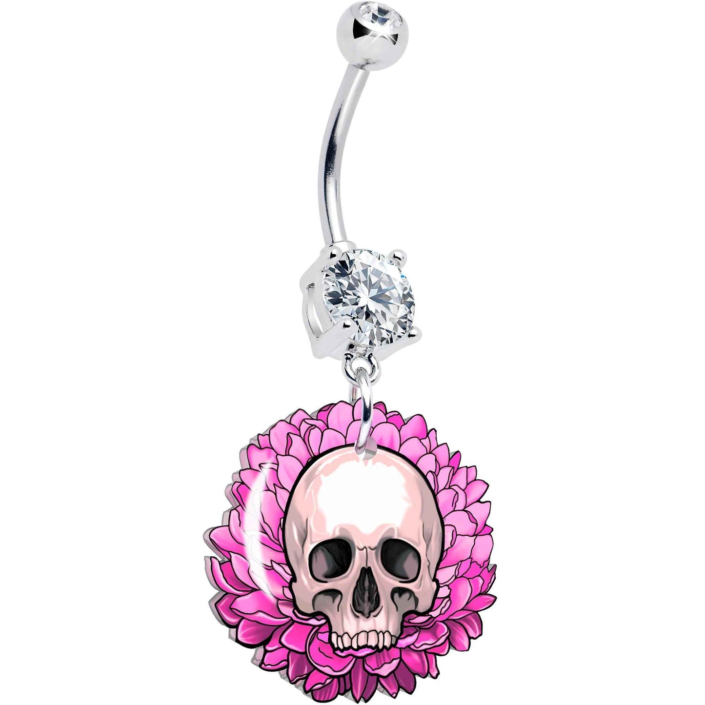 Clear Gem Blooming Pink Flower Skull Dangle Belly Ring by Onyx O
