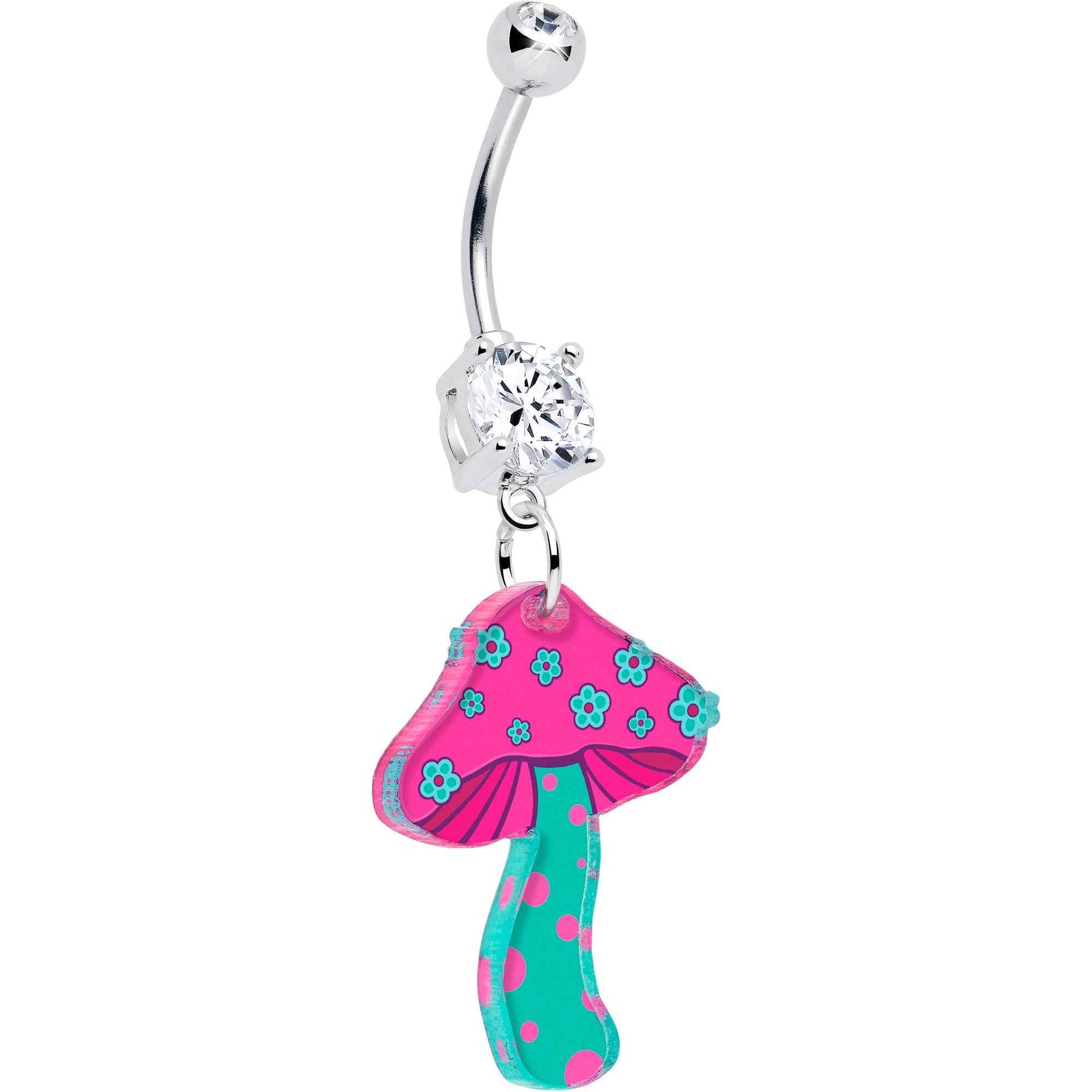 Double Gem Funky Floral Mushroom Dangle Belly Ring by Onyx O