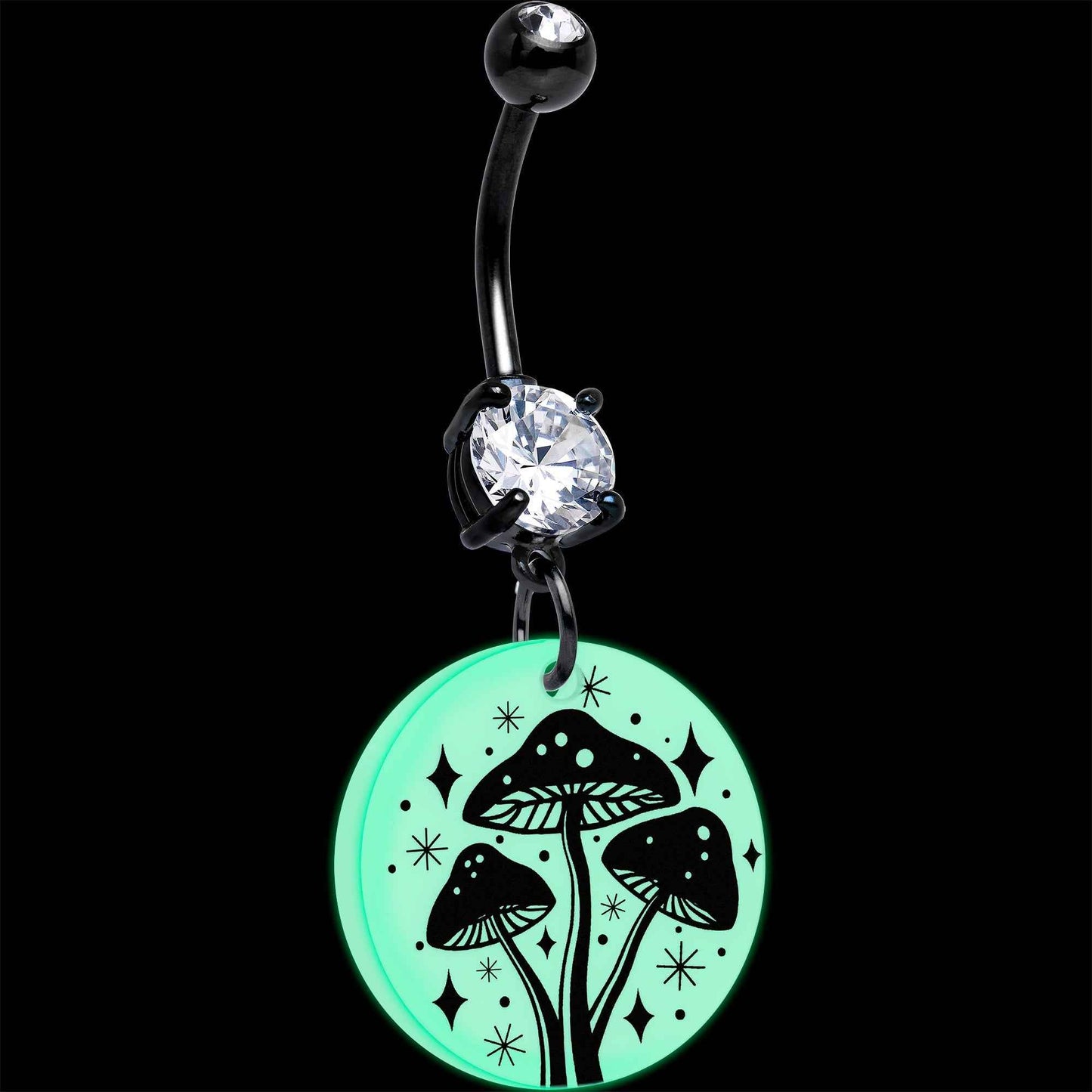 Black Double Gem Glow in the Dark Mystic Mushroom Dangle Belly Ring by Onyx O