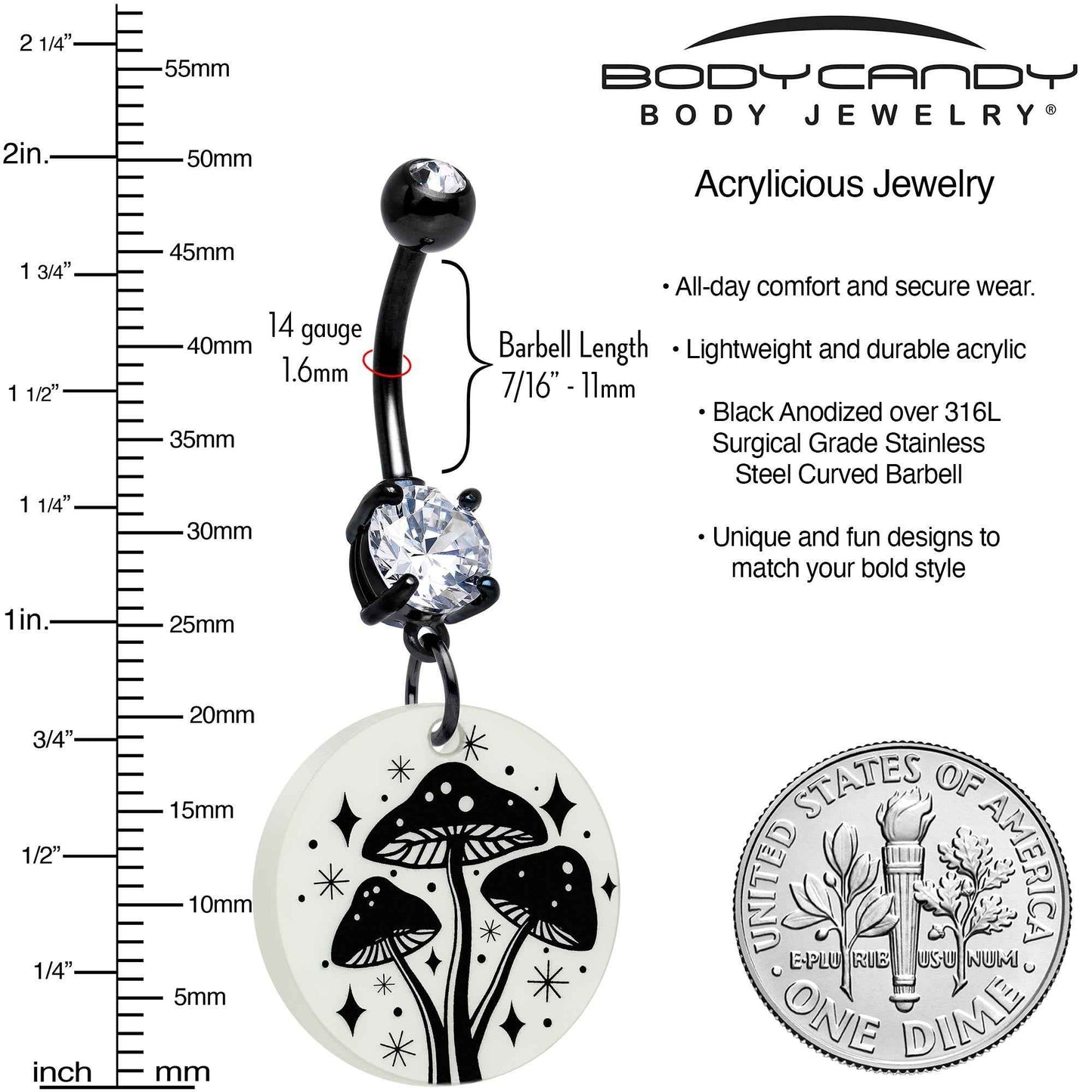 Black Double Gem Glow in the Dark Mystic Mushroom Dangle Belly Ring by Onyx O