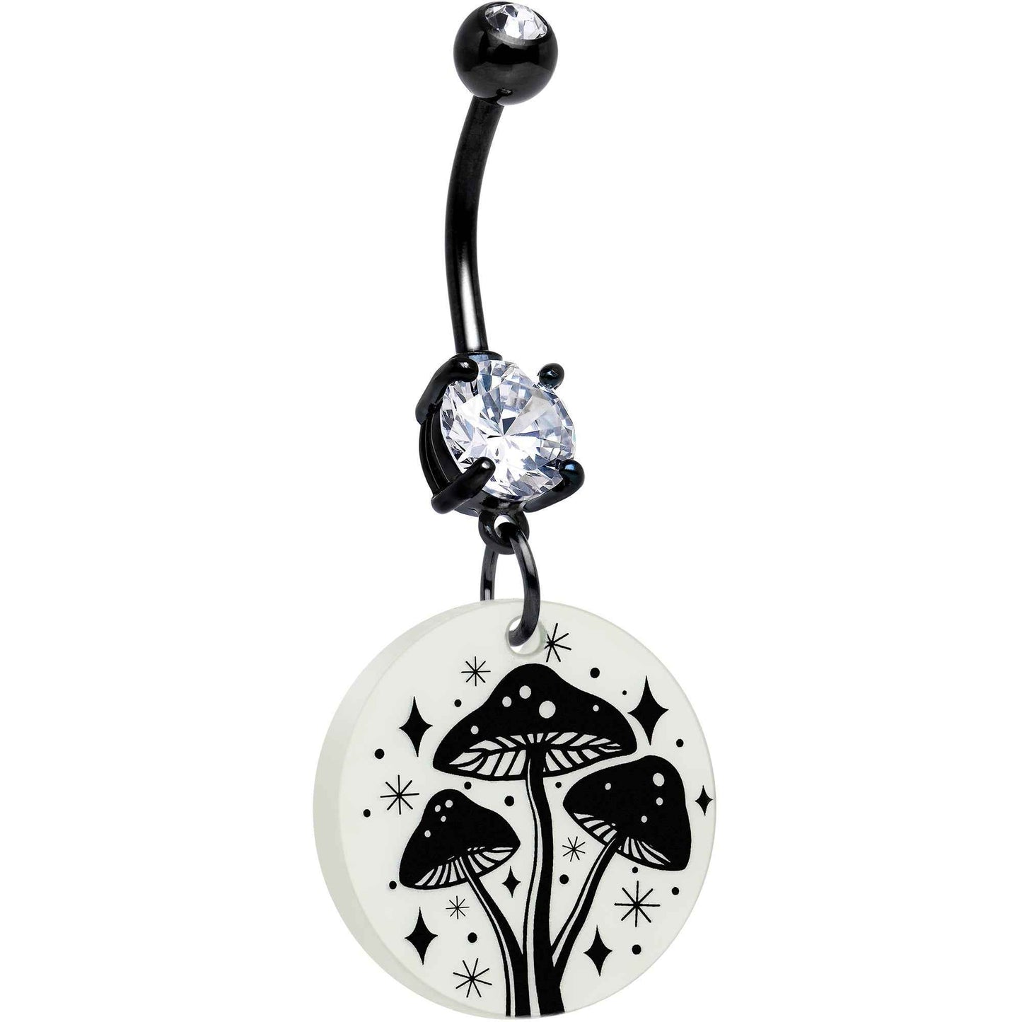 Black Double Gem Glow in the Dark Mystic Mushroom Dangle Belly Ring by Onyx O