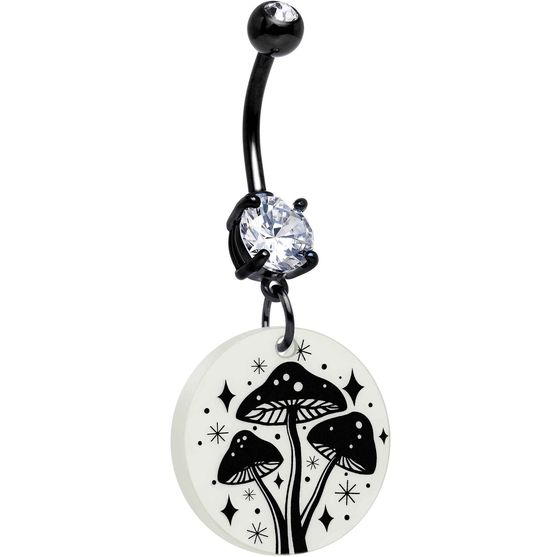 Black Double Gem Glow in the Dark Mystic Mushroom Dangle Belly Ring by Onyx O