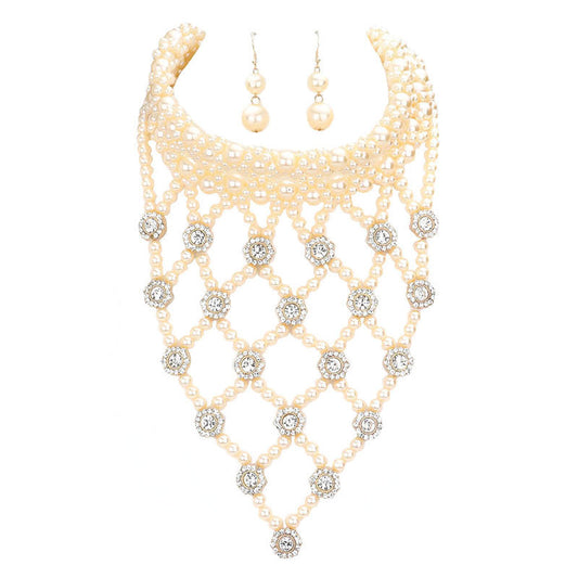Flower Stone Embellished Pearl Statement Necklace by Madeline Love