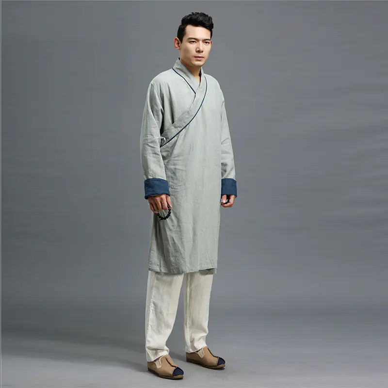Traditional Chinese Cotton Linen Men's Long Robe Jacket