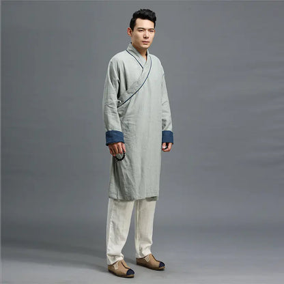 Traditional Chinese Cotton Linen Men's Long Robe Jacket
