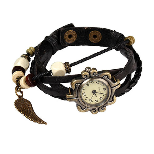 New! Beautiful Bohemian Style Retro Handmade Leather Angel Wing Women\'s Watches-black