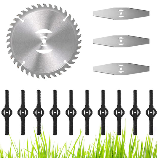 14Pcs Grass Trimmer Blades Accessories Weed Cutter Attachments 10Pcs 5.35In Plastic Blades 3Pcs 6In Stainless Steel Blades 1Pc 4In/6In Alloy Saw Blade