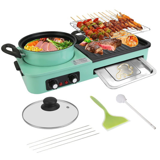 3-in-1 Electric Hot Pot Grill Combo 1600W Korean BBQ Shabu w/ Temp Control