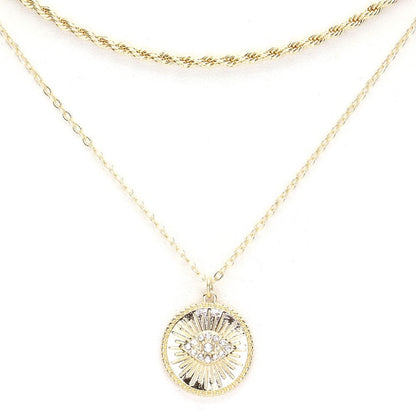 Rhinestone Evil Eye Charm Round Pendant Layer Chain Necklace by Madeline Love