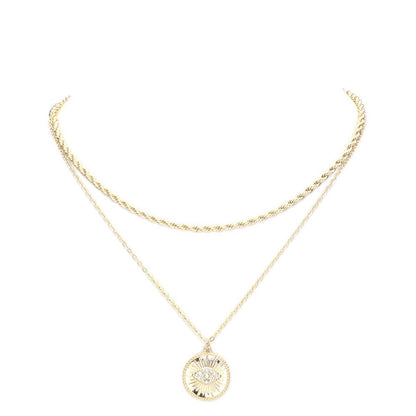 Rhinestone Evil Eye Charm Round Pendant Layer Chain Necklace by Madeline Love