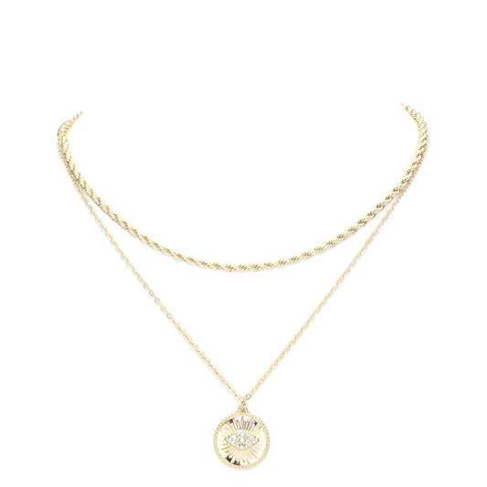Rhinestone Evil Eye Charm Round Pendant Layer Chain Necklace by Madeline Love