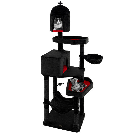 Gothic Cat Tree with 2 Cat Condos and Coffin Bed for Indoor Cats-Black