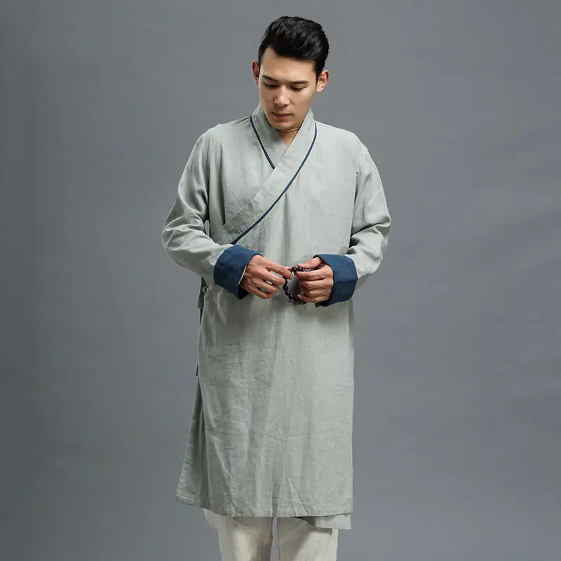 Traditional Chinese Cotton Linen Men's Long Robe Jacket