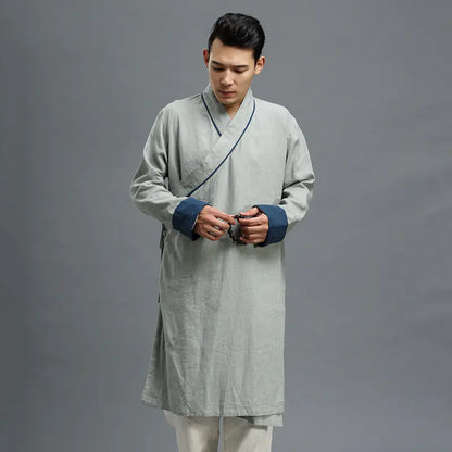 Traditional Chinese Cotton Linen Men's Long Robe Jacket