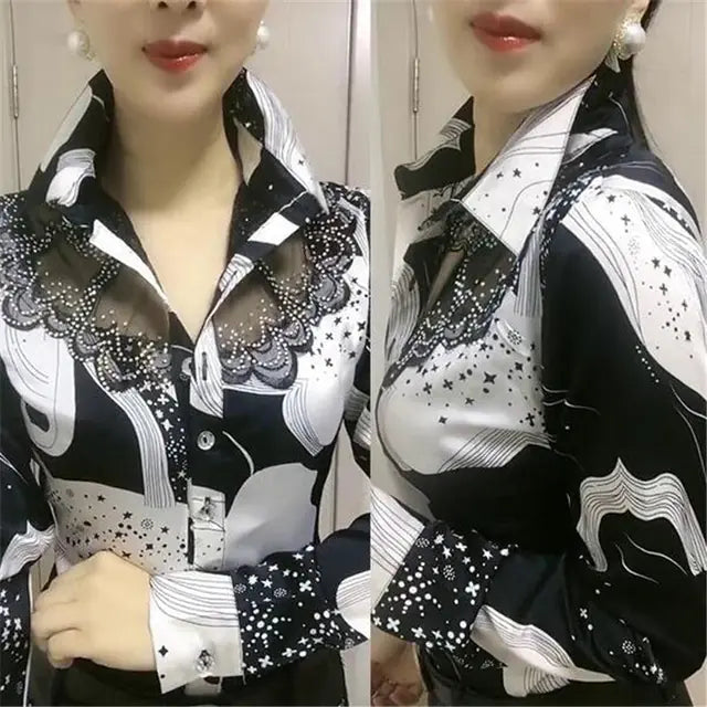Lace Chiffon Summer Blouse with Printed Button Panel
