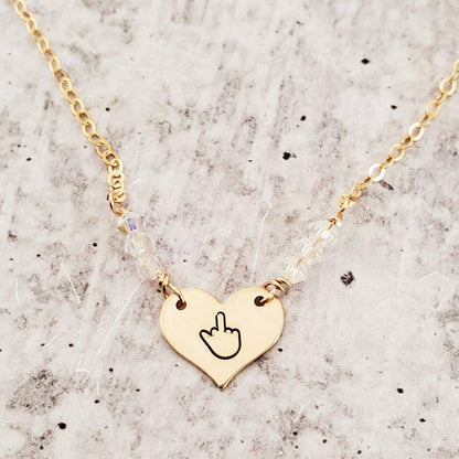 Middle Finger Heart Necklace with Crystal Accents by Salt and Sparkle