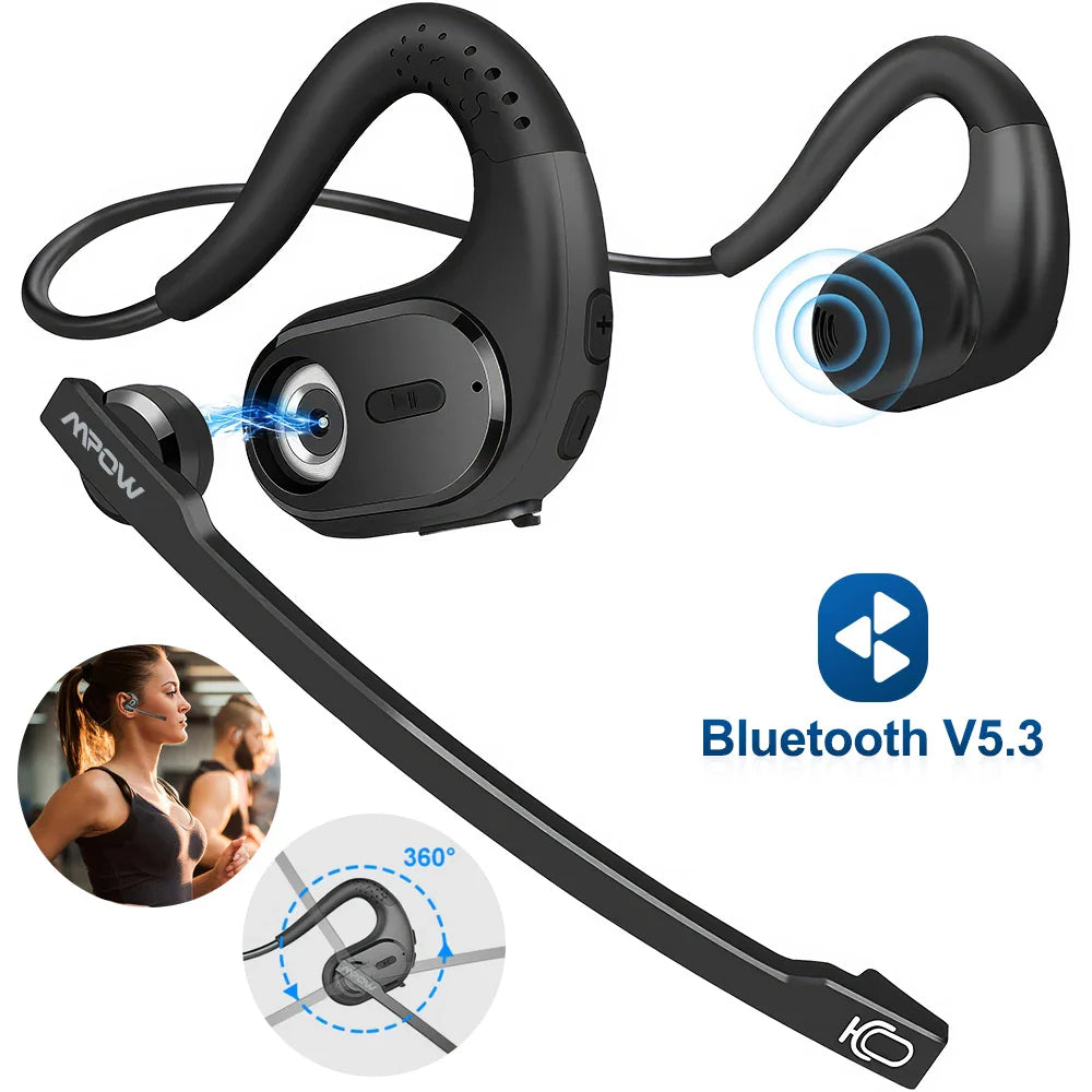 Mpow G9 Bluetooth 5.3 Earphones with Removable Microphone Noise Cancelling Open Ear Handsfree Business Headset Office Driving