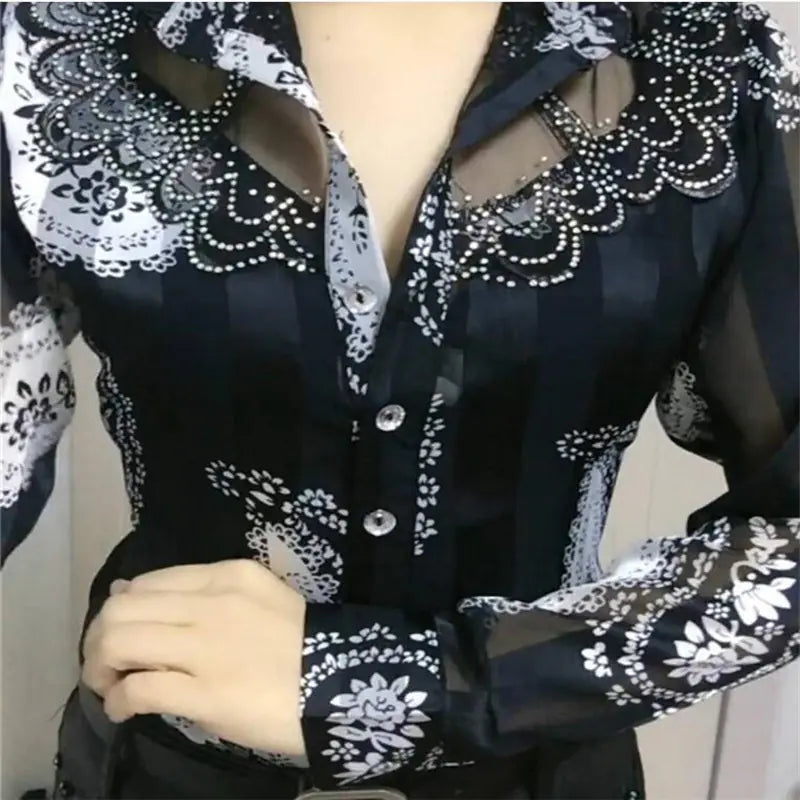 Lace Chiffon Summer Blouse with Printed Button Panel