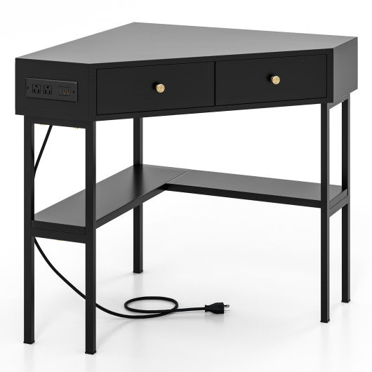 Triangle Corner Desk with Charging Station with 2 Drawers and Storage Shelf-Black