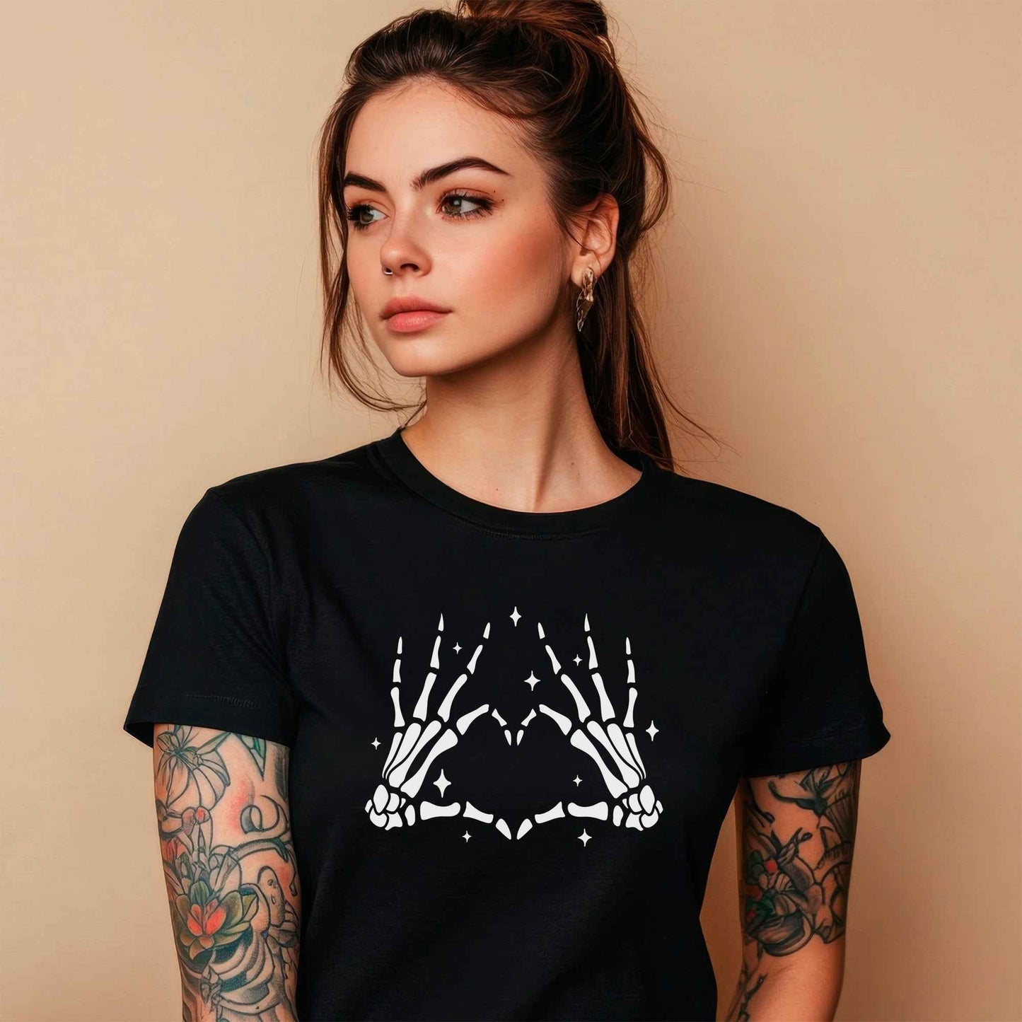 Glow in the Dark Dead Inside Heart Skeleton Hands Black Tee Shirt