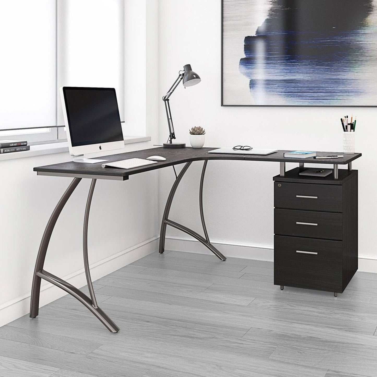 Techni Mobili Modern L- Shaped Computer Desk with File Cabinet and Storage, Espresso by Level Up Desks