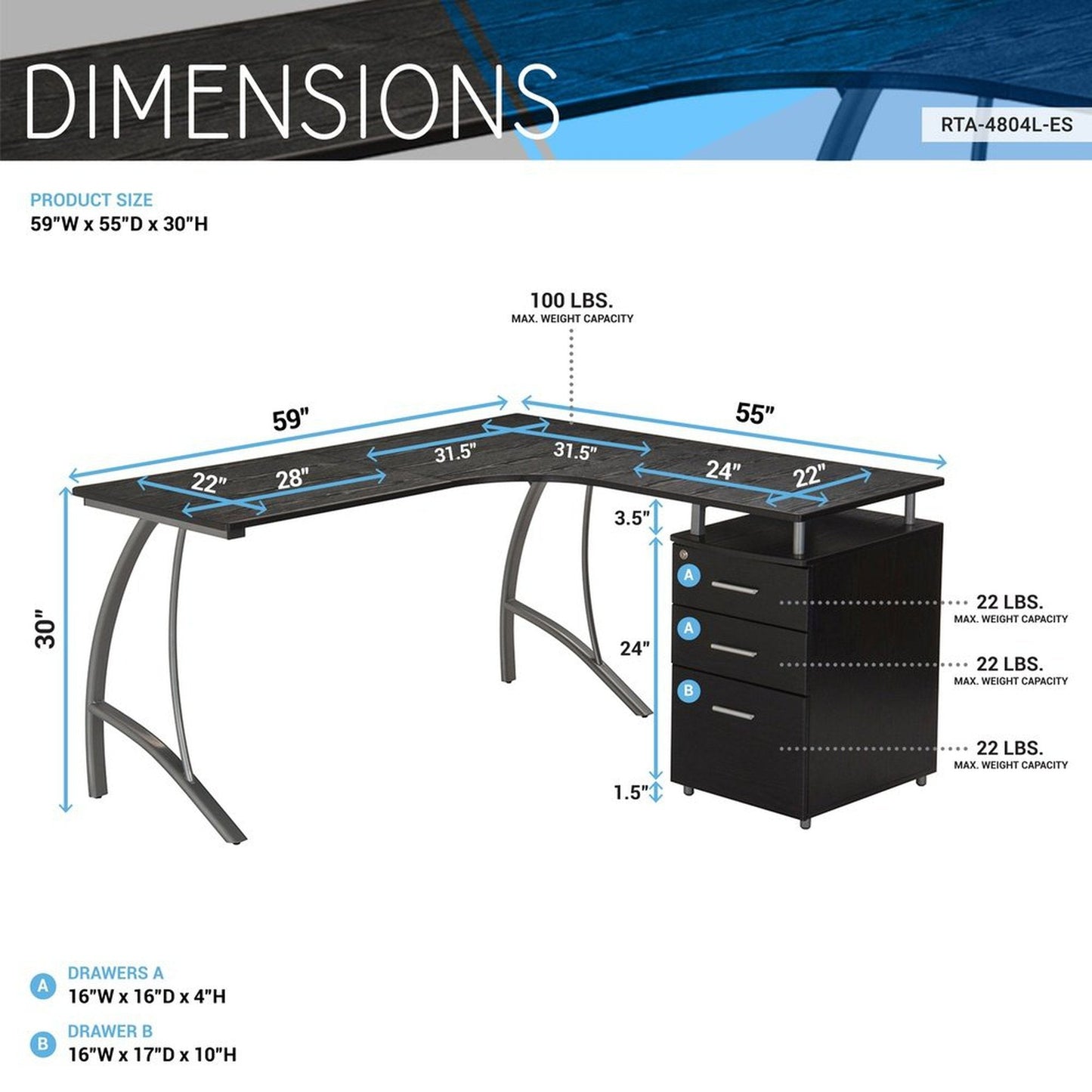 Techni Mobili Modern L- Shaped Computer Desk with File Cabinet and Storage, Espresso by Level Up Desks