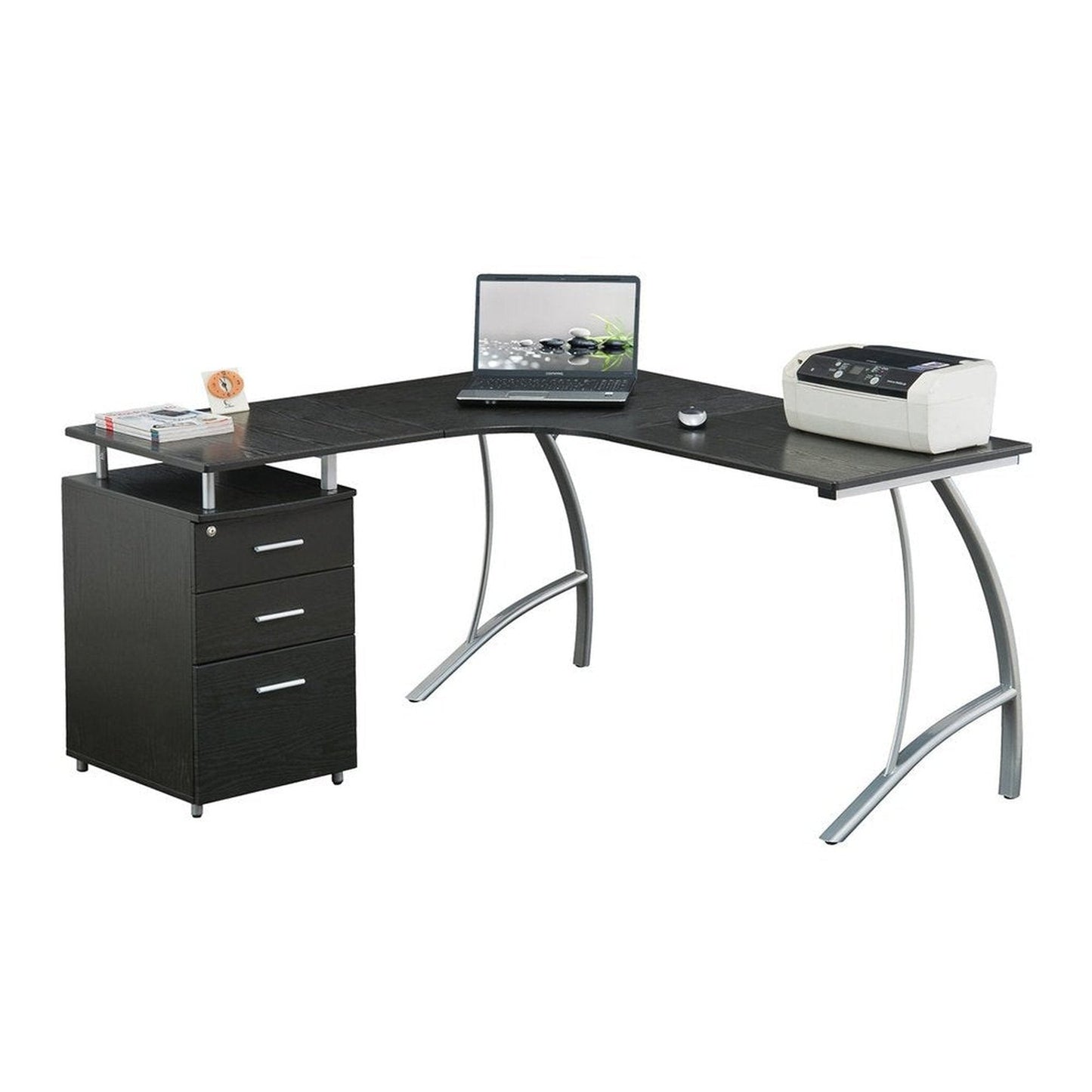 Techni Mobili Modern L- Shaped Computer Desk with File Cabinet and Storage, Espresso by Level Up Desks
