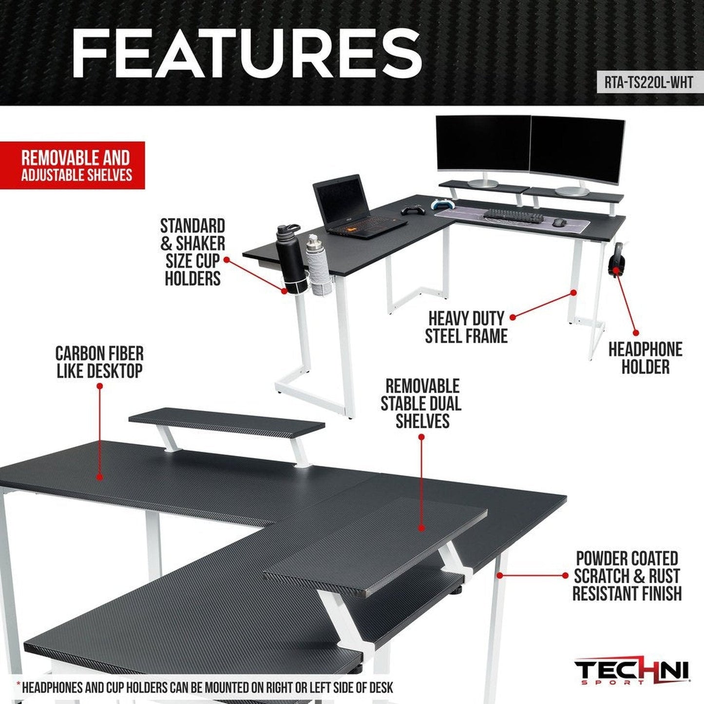 Techni Sport Warrior L-Shaped Gaming Desk, White by Level Up Desks