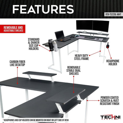 Techni Sport Warrior L-Shaped Gaming Desk, White by Level Up Desks