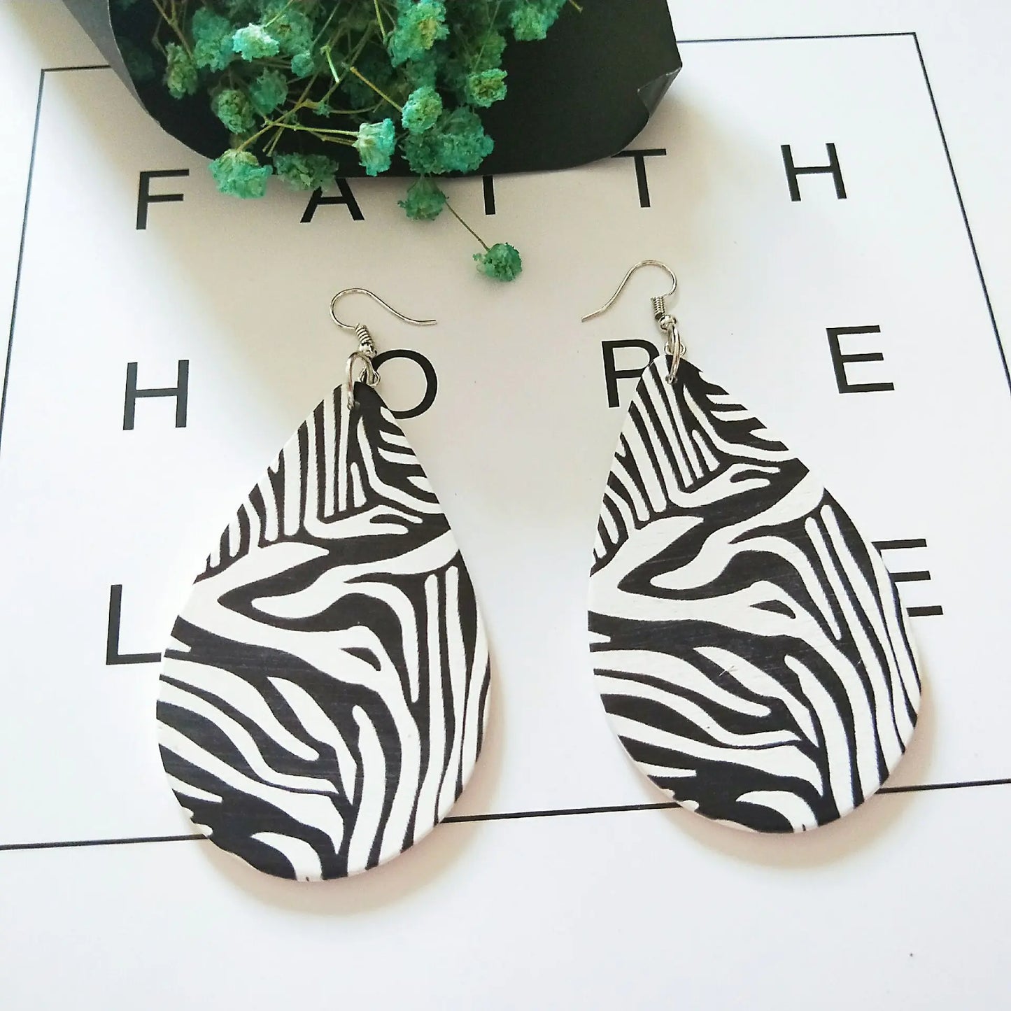 Vintage Wooden Water Drop Earrings with Animal Print