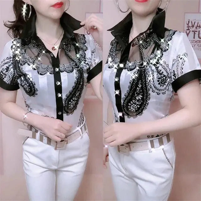 Lace Chiffon Summer Blouse with Printed Button Panel