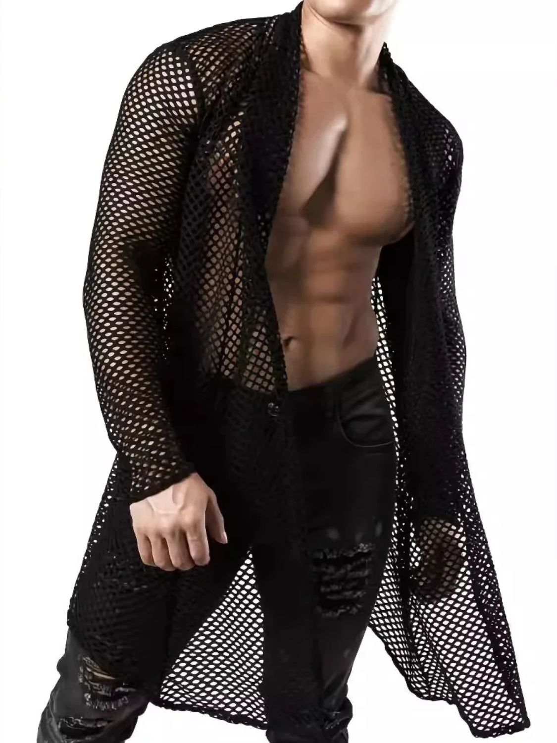 Men's Openwork Open Front Long Sleeve Cover-Up