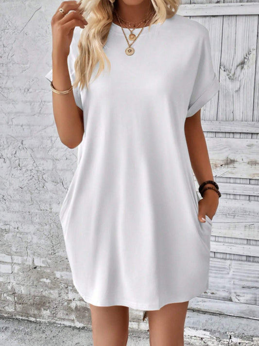 Round Neck Short Sleeve Mini Tee Dress with Pockets