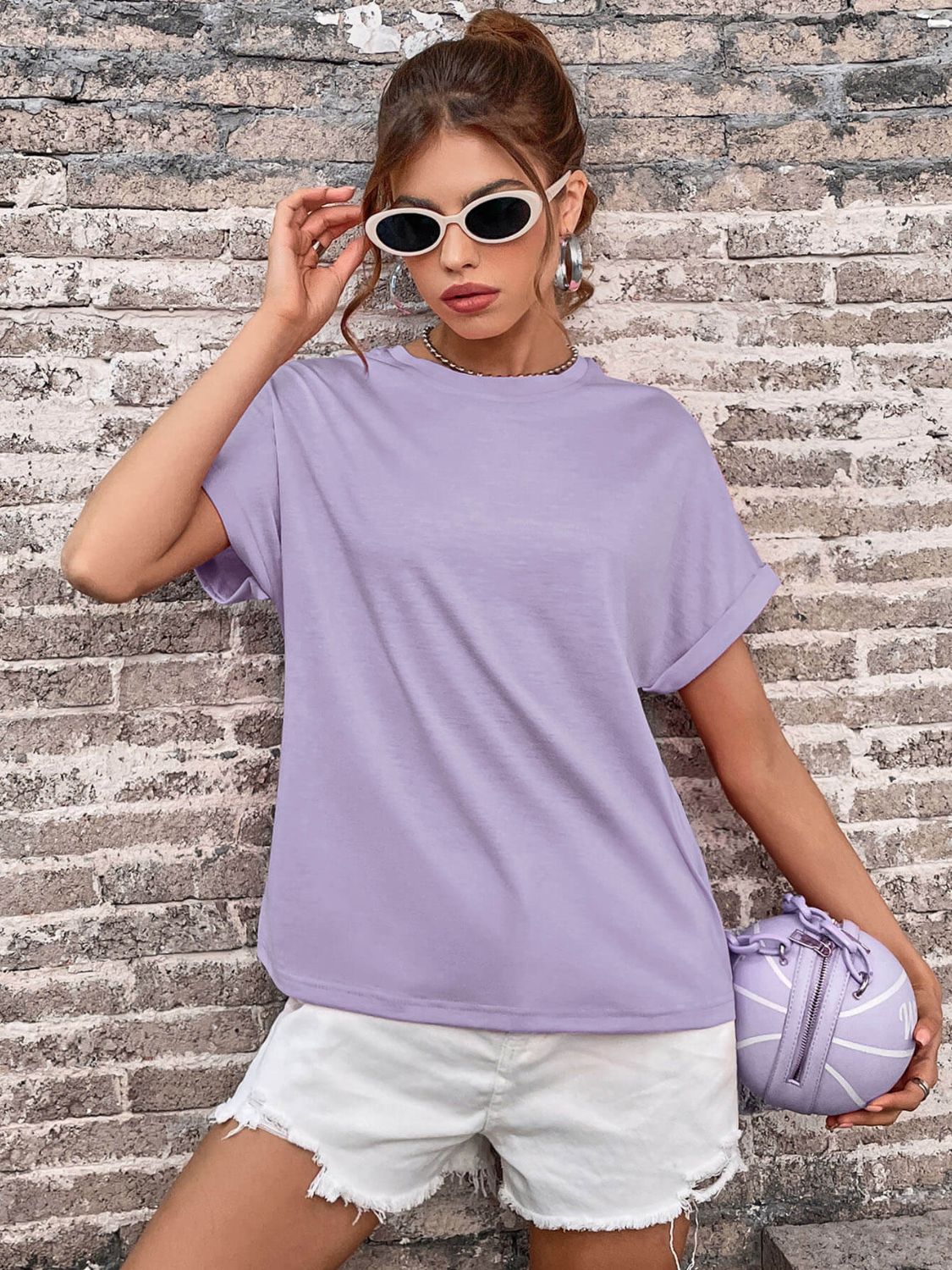 Perfee Round Neck Cuffed Sleeve T-Shirt
