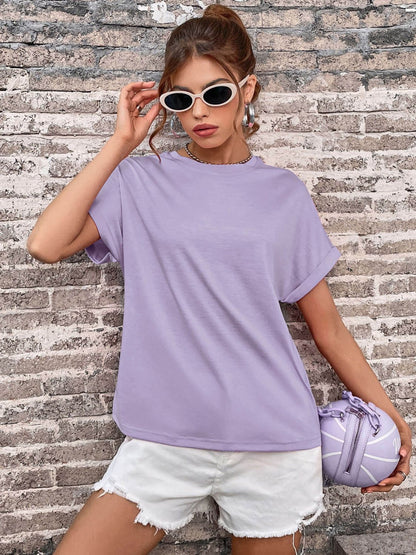 Perfee Round Neck Cuffed Sleeve T-Shirt