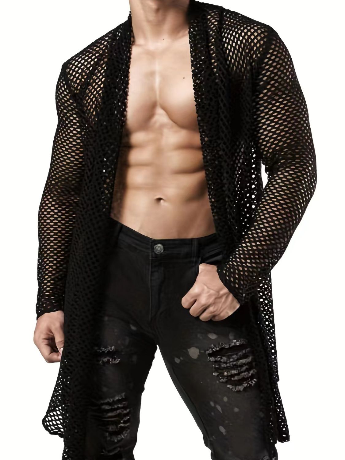 Men's Openwork Open Front Long Sleeve Cover-Up